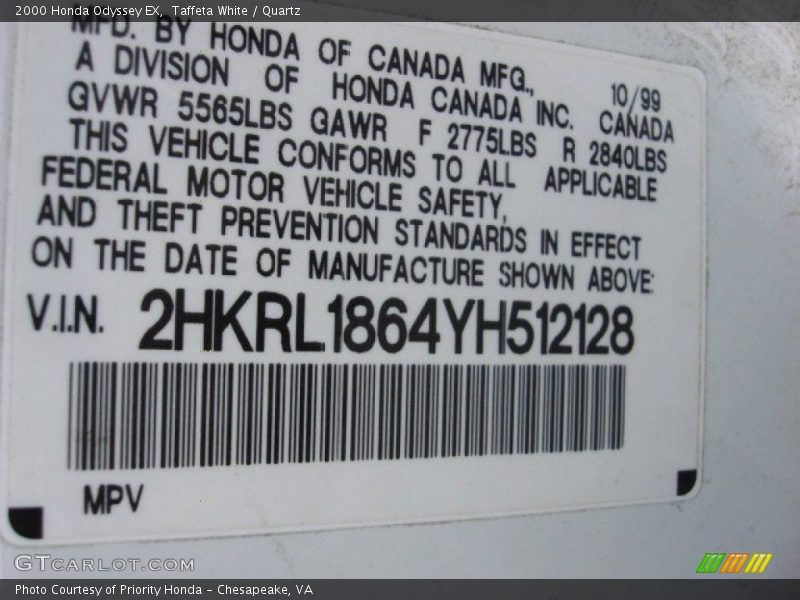 Taffeta White / Quartz 2000 Honda Odyssey EX