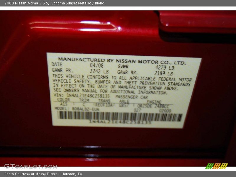 Sonoma Sunset Metallic / Blond 2008 Nissan Altima 2.5 S