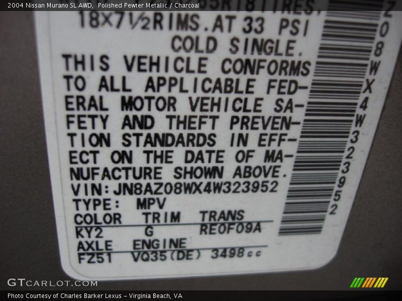Polished Pewter Metallic / Charcoal 2004 Nissan Murano SL AWD