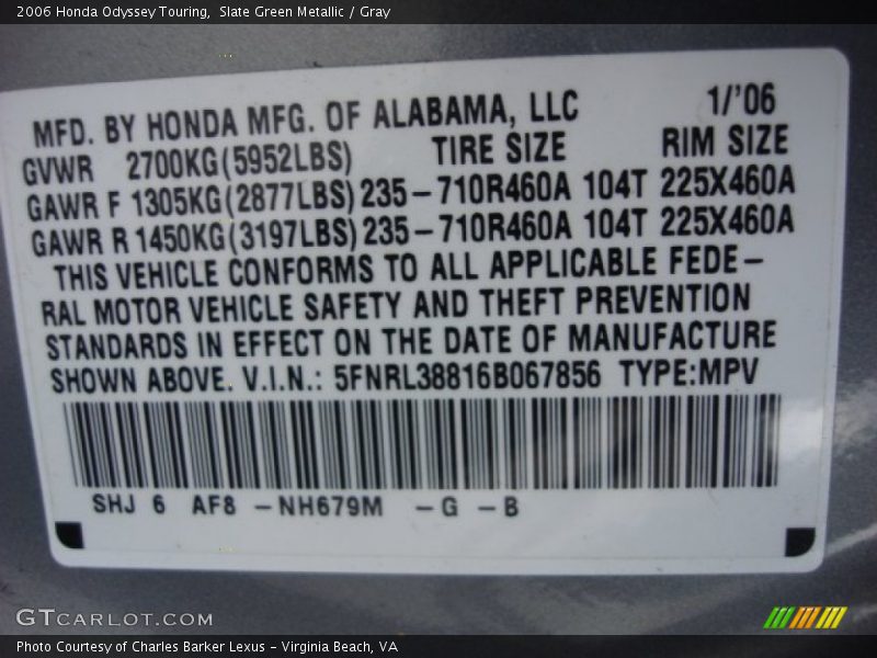 Slate Green Metallic / Gray 2006 Honda Odyssey Touring