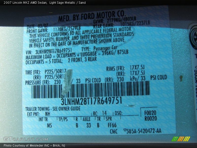 Light Sage Metallic / Sand 2007 Lincoln MKZ AWD Sedan
