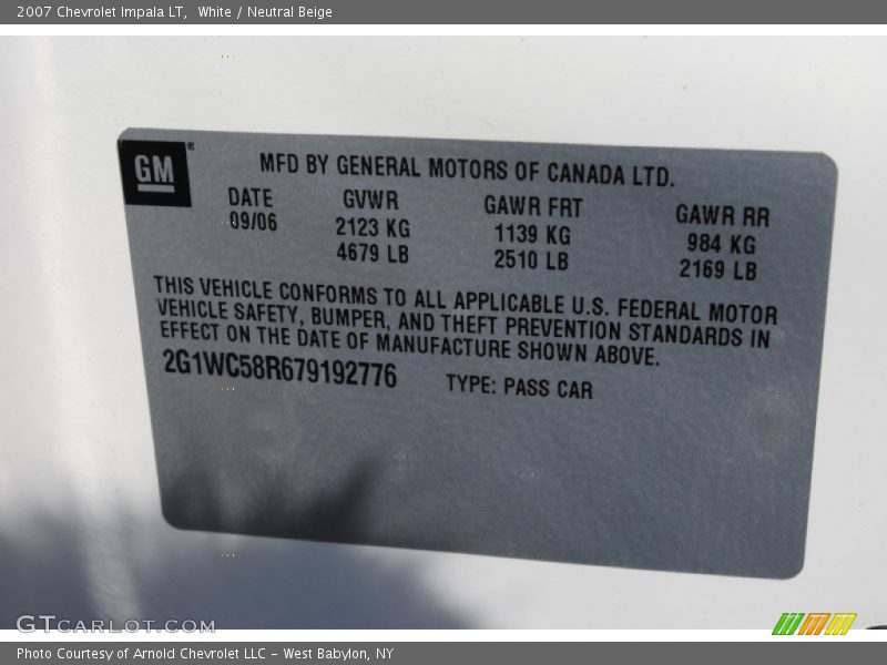 White / Neutral Beige 2007 Chevrolet Impala LT