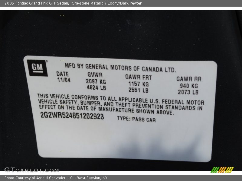 Graystone Metallic / Ebony/Dark Pewter 2005 Pontiac Grand Prix GTP Sedan