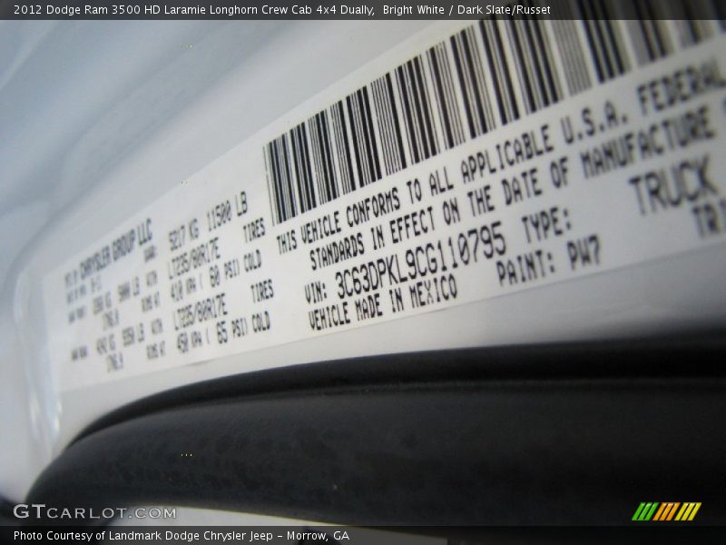 Bright White / Dark Slate/Russet 2012 Dodge Ram 3500 HD Laramie Longhorn Crew Cab 4x4 Dually