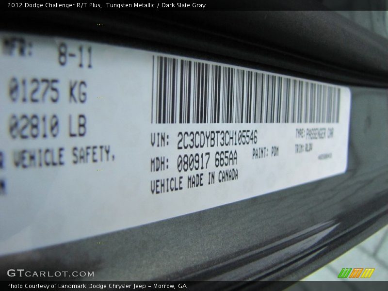 Tungsten Metallic / Dark Slate Gray 2012 Dodge Challenger R/T Plus