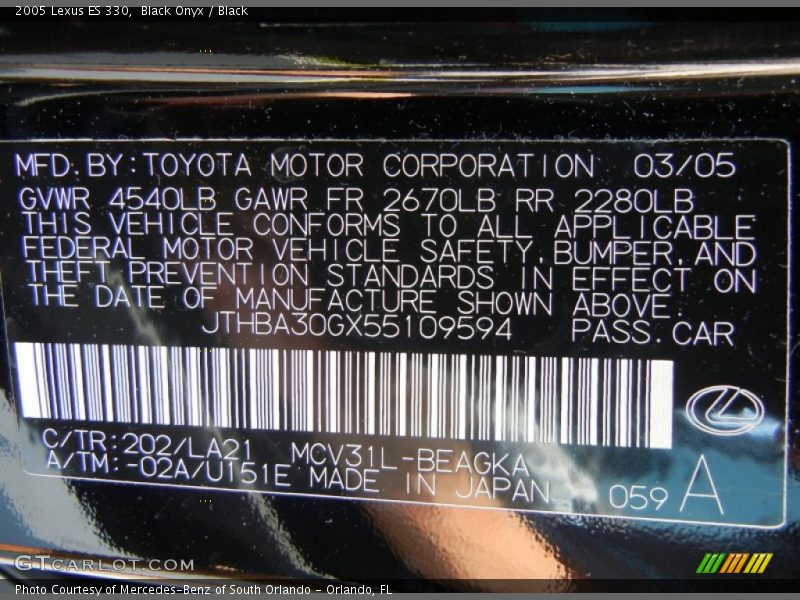 Black Onyx / Black 2005 Lexus ES 330