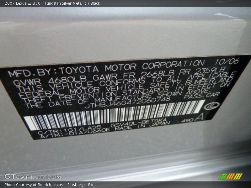 Tungsten Silver Metallic / Black 2007 Lexus ES 350