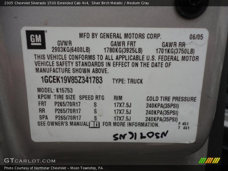 Info Tag of 2005 Silverado 1500 Extended Cab 4x4