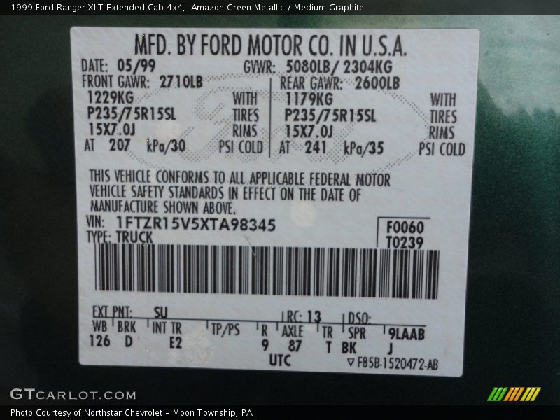 1999 Ranger XLT Extended Cab 4x4 Amazon Green Metallic Color Code SU