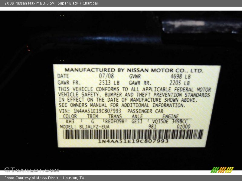 Super Black / Charcoal 2009 Nissan Maxima 3.5 SV