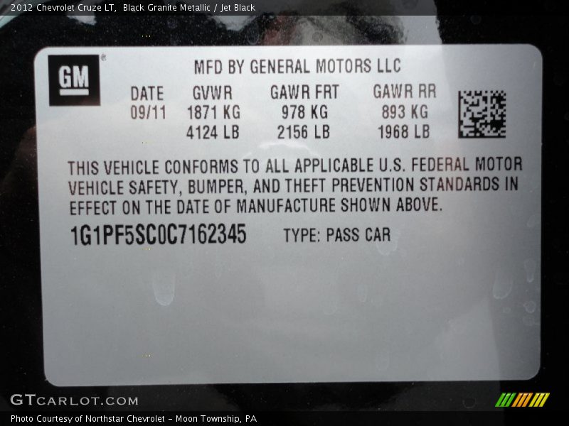 Black Granite Metallic / Jet Black 2012 Chevrolet Cruze LT
