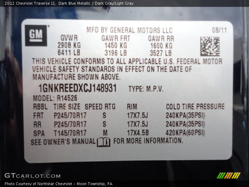 Info Tag of 2012 Traverse LS