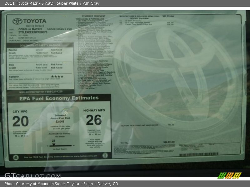  2011 Matrix S AWD Window Sticker