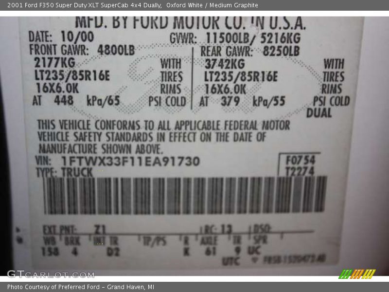 2001 F350 Super Duty XLT SuperCab 4x4 Dually Oxford White Color Code Z1
