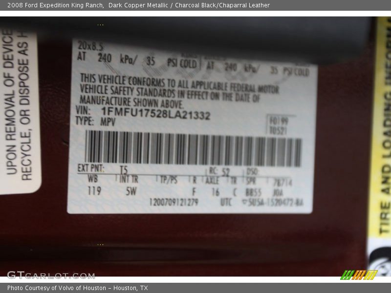 Dark Copper Metallic / Charcoal Black/Chaparral Leather 2008 Ford Expedition King Ranch