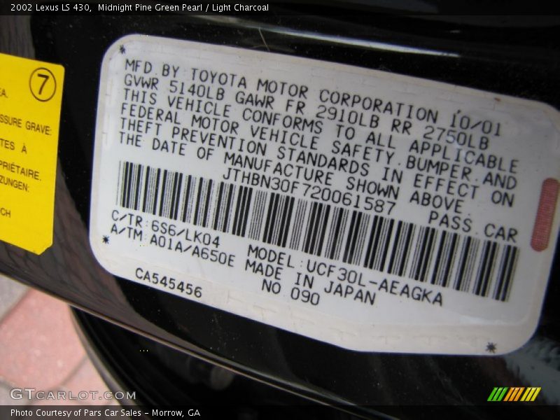 Midnight Pine Green Pearl / Light Charcoal 2002 Lexus LS 430