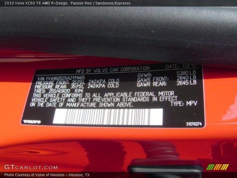 Passion Red / Sandstone/Espresso 2010 Volvo XC60 T6 AWD R-Design