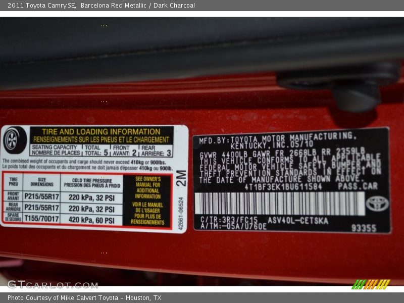 Barcelona Red Metallic / Dark Charcoal 2011 Toyota Camry SE