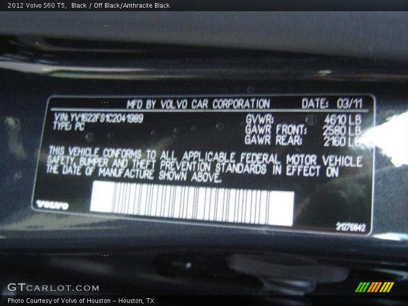 Black / Off Black/Anthracite Black 2012 Volvo S60 T5