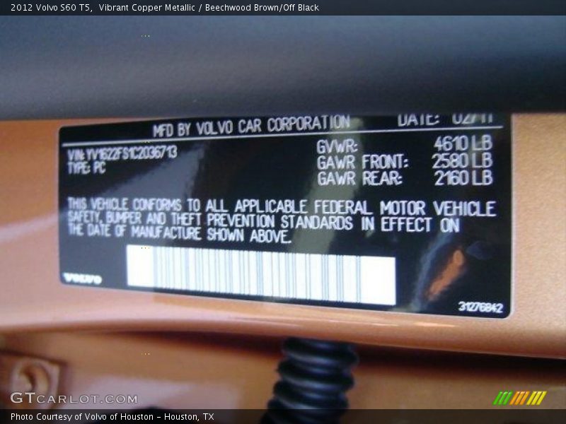 Vibrant Copper Metallic / Beechwood Brown/Off Black 2012 Volvo S60 T5