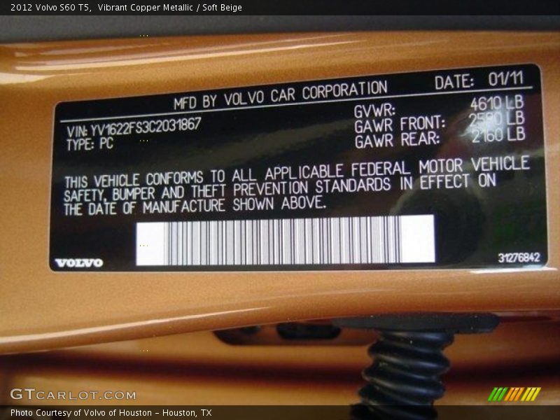 Vibrant Copper Metallic / Soft Beige 2012 Volvo S60 T5