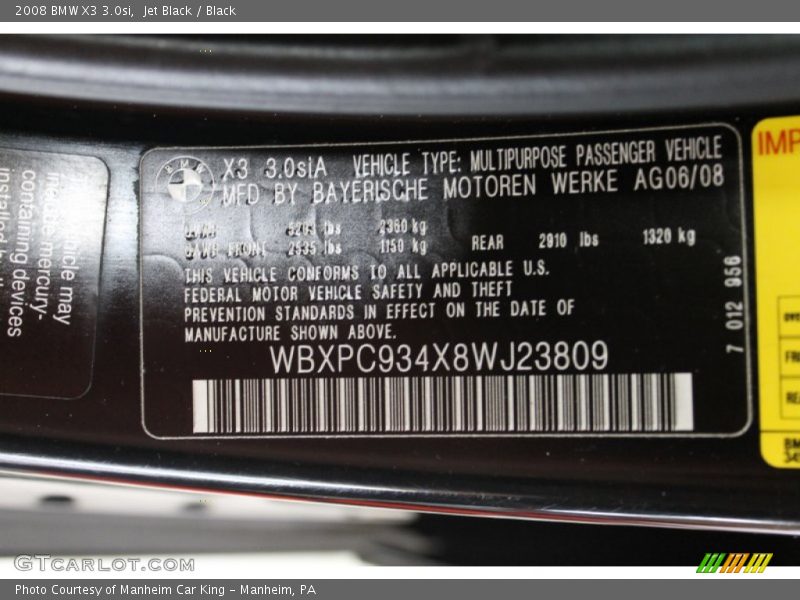 Jet Black / Black 2008 BMW X3 3.0si
