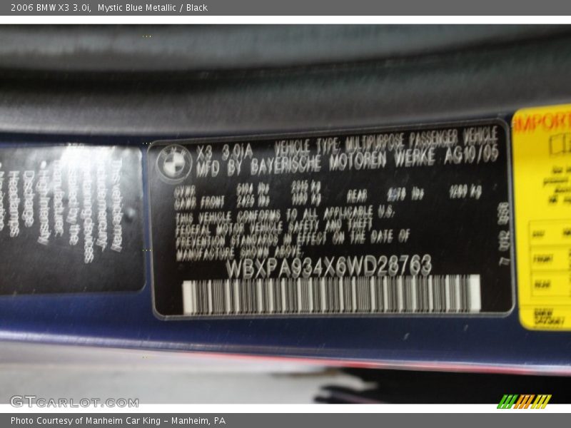 Mystic Blue Metallic / Black 2006 BMW X3 3.0i