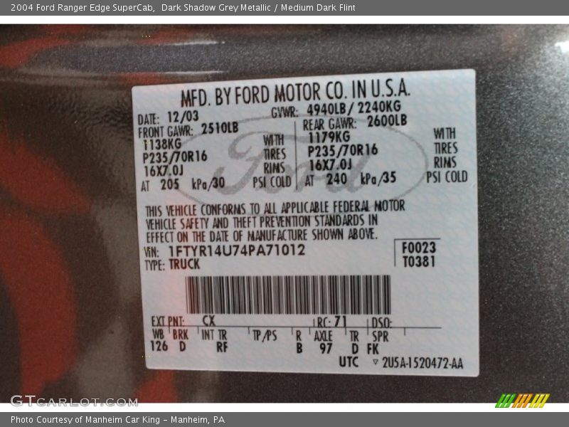 Dark Shadow Grey Metallic / Medium Dark Flint 2004 Ford Ranger Edge SuperCab