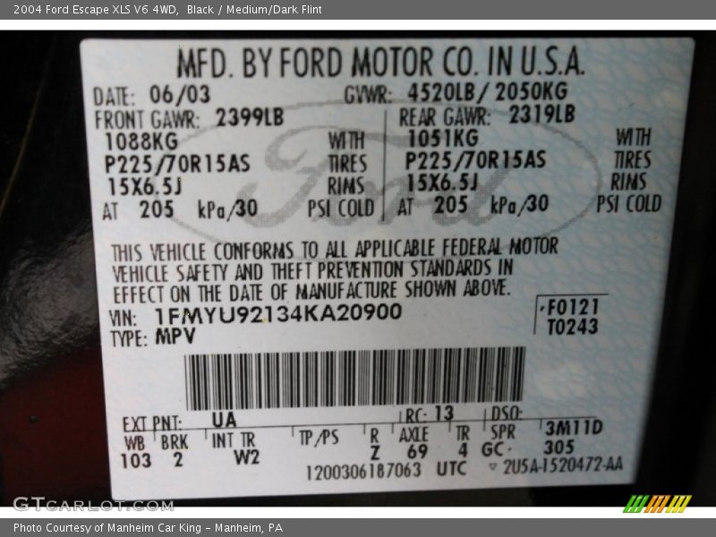 2004 Escape XLS V6 4WD Black Color Code UA
