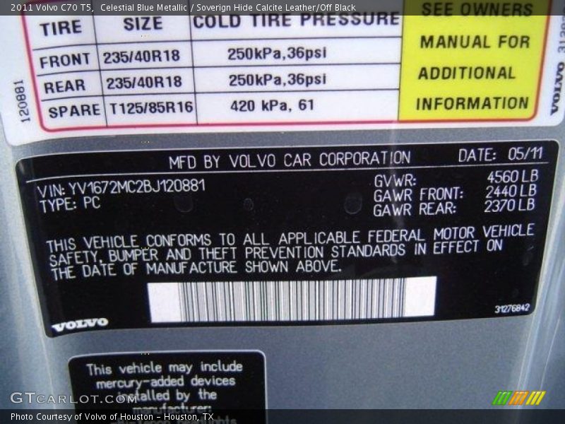 Celestial Blue Metallic / Soverign Hide Calcite Leather/Off Black 2011 Volvo C70 T5