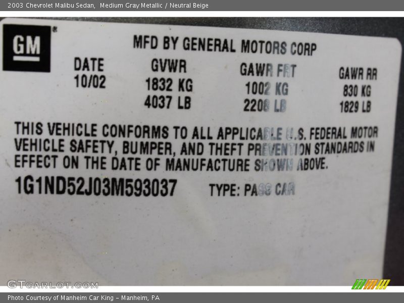 Medium Gray Metallic / Neutral Beige 2003 Chevrolet Malibu Sedan