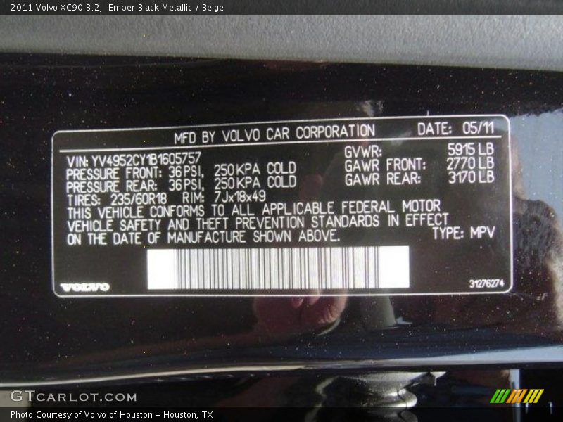 Ember Black Metallic / Beige 2011 Volvo XC90 3.2