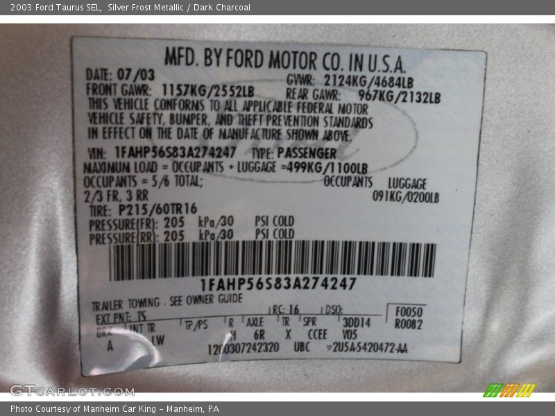 2003 Taurus SEL Silver Frost Metallic Color Code TS