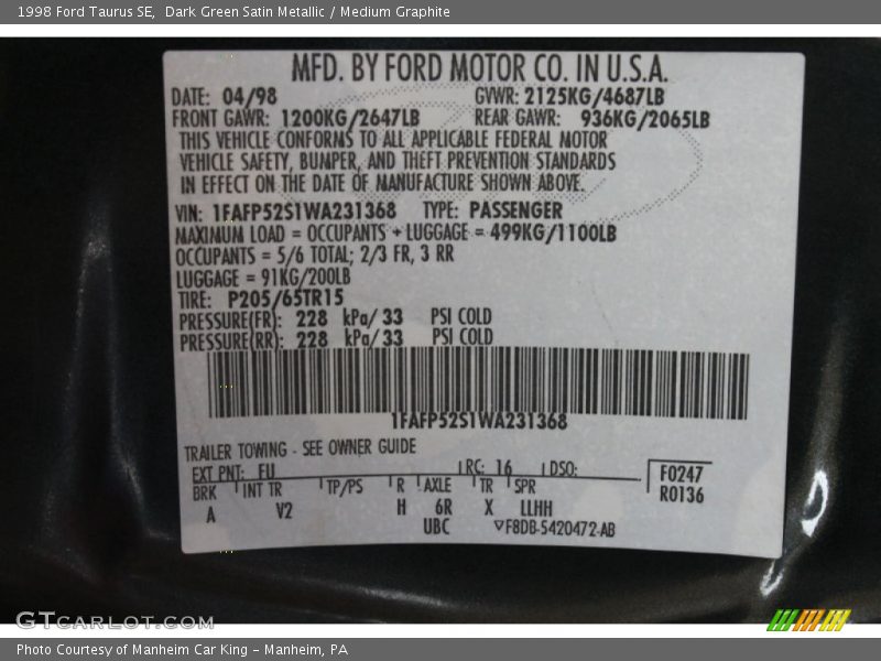 1998 Taurus SE Dark Green Satin Metallic Color Code FU