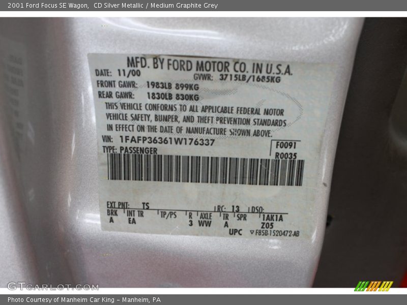 2001 Focus SE Wagon CD Silver Metallic Color Code TS