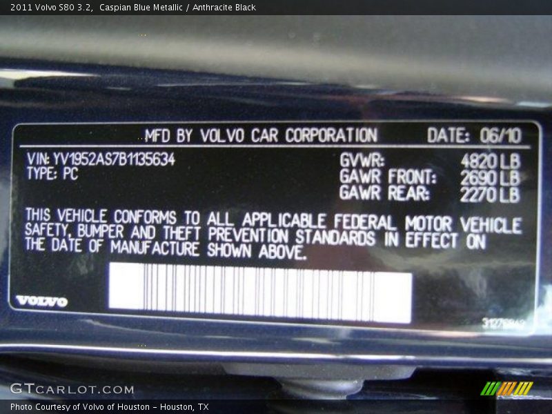 Caspian Blue Metallic / Anthracite Black 2011 Volvo S80 3.2