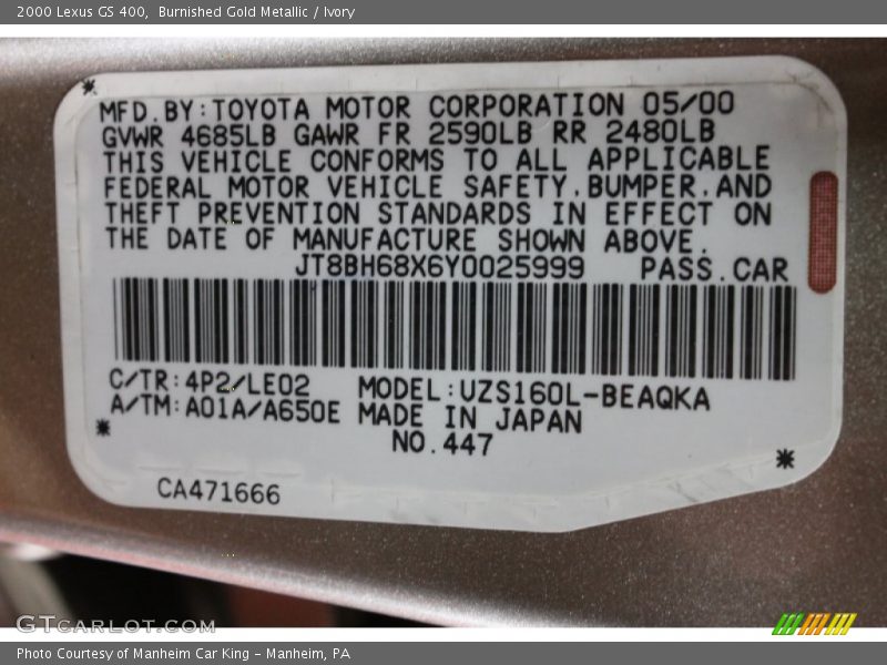 2000 GS 400 Burnished Gold Metallic Color Code 4P2