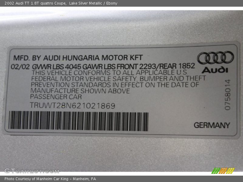 Lake Silver Metallic / Ebony 2002 Audi TT 1.8T quattro Coupe