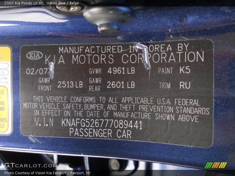Velvet Blue / Beige 2007 Kia Rondo LX V6
