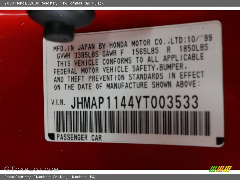 New Formula Red / Black 2000 Honda S2000 Roadster