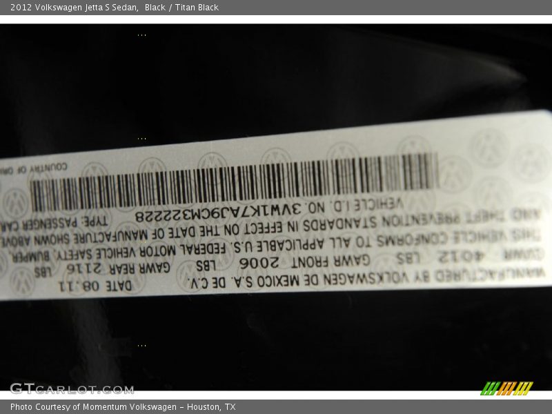 Black / Titan Black 2012 Volkswagen Jetta S Sedan