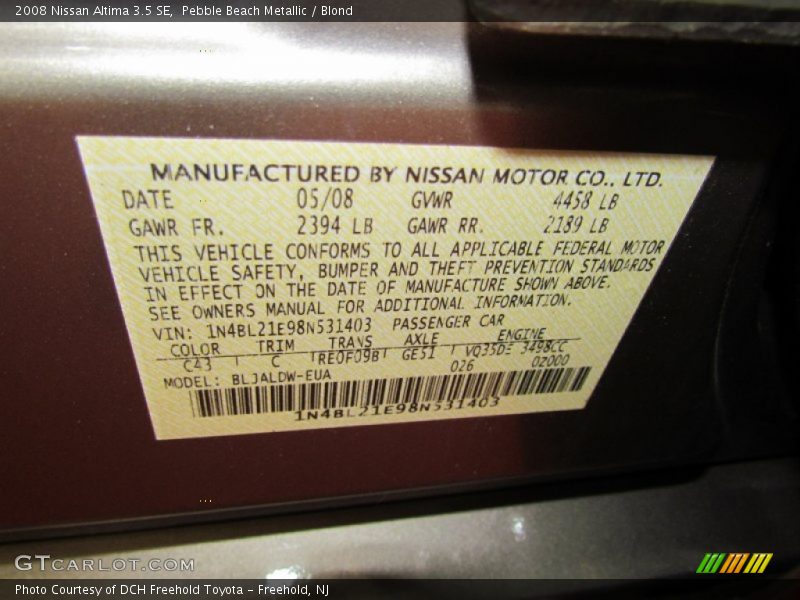 Pebble Beach Metallic / Blond 2008 Nissan Altima 3.5 SE