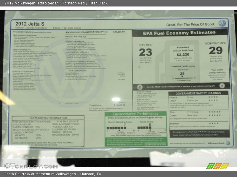  2012 Jetta S Sedan Window Sticker
