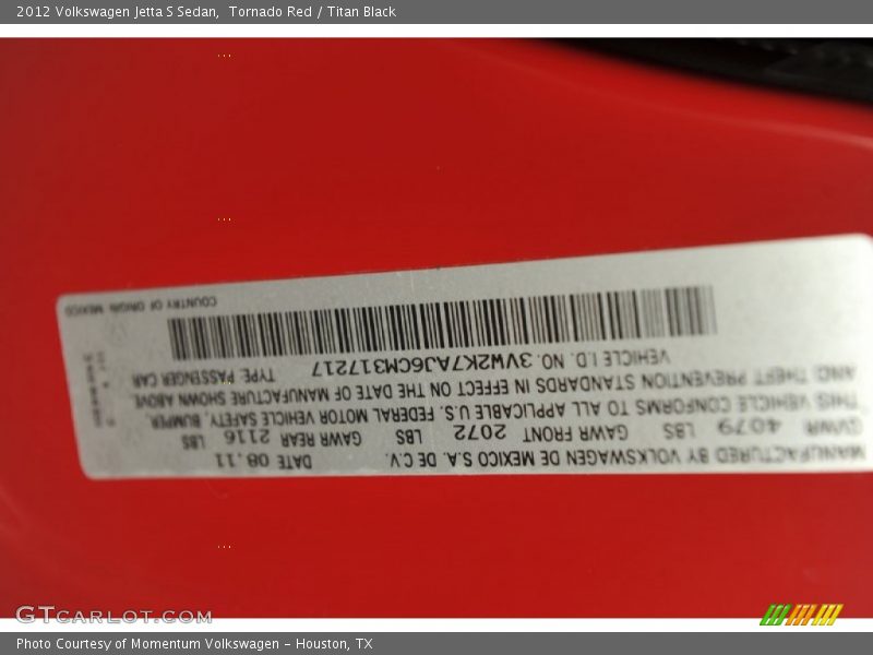 Tornado Red / Titan Black 2012 Volkswagen Jetta S Sedan