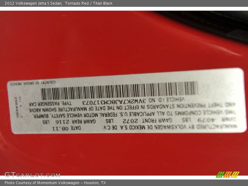 Tornado Red / Titan Black 2012 Volkswagen Jetta S Sedan