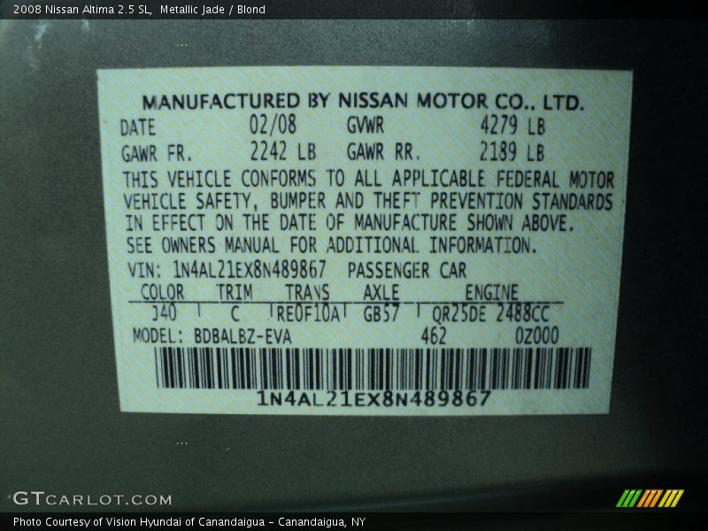 Metallic Jade / Blond 2008 Nissan Altima 2.5 SL