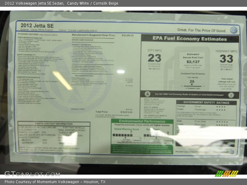 Candy White / Cornsilk Beige 2012 Volkswagen Jetta SE Sedan