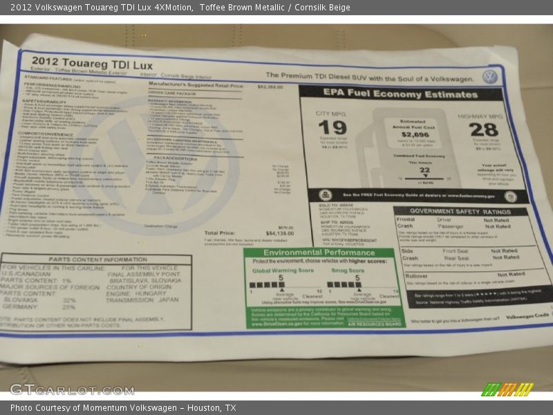  2012 Touareg TDI Lux 4XMotion Window Sticker