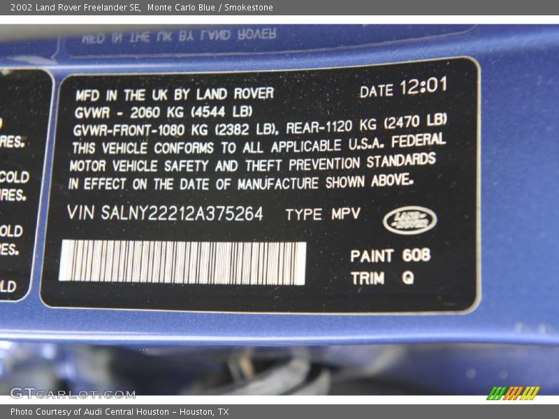 2002 Freelander SE Monte Carlo Blue Color Code 608