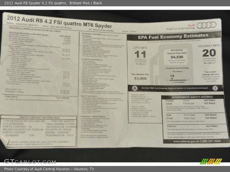  2012 R8 Spyder 4.2 FSI quattro Window Sticker